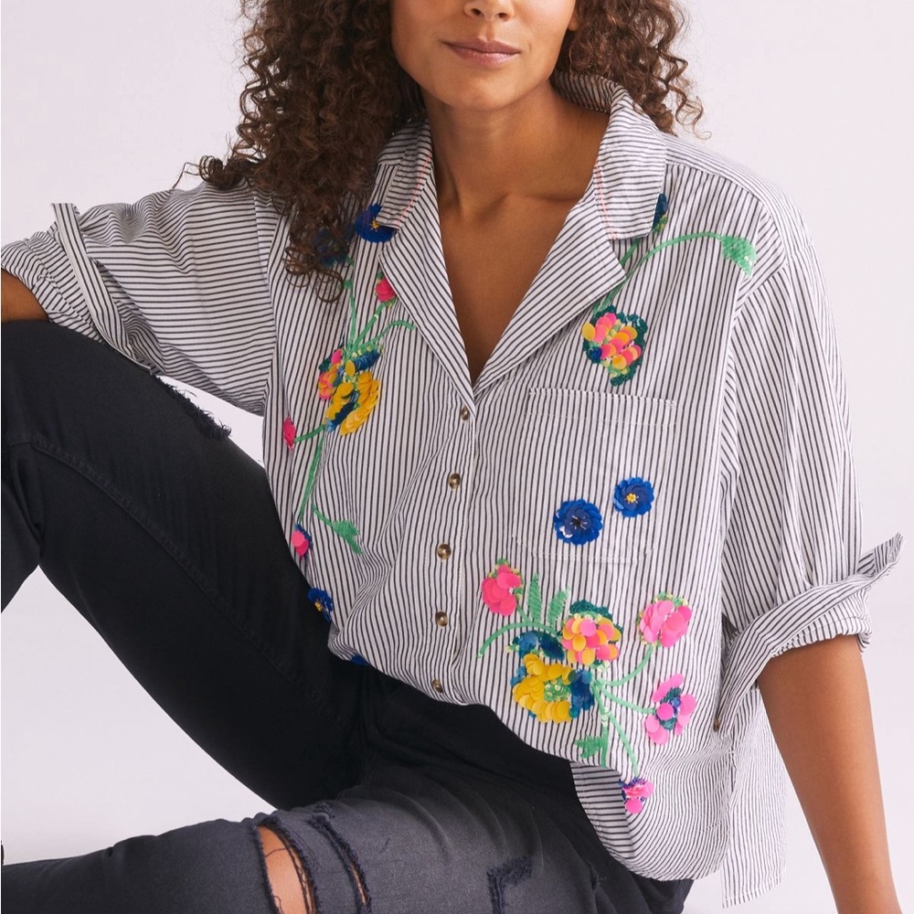 Anthropologie Maeve Striped Floral Sequin Shirt - Size 4 - Picture 5 of 13